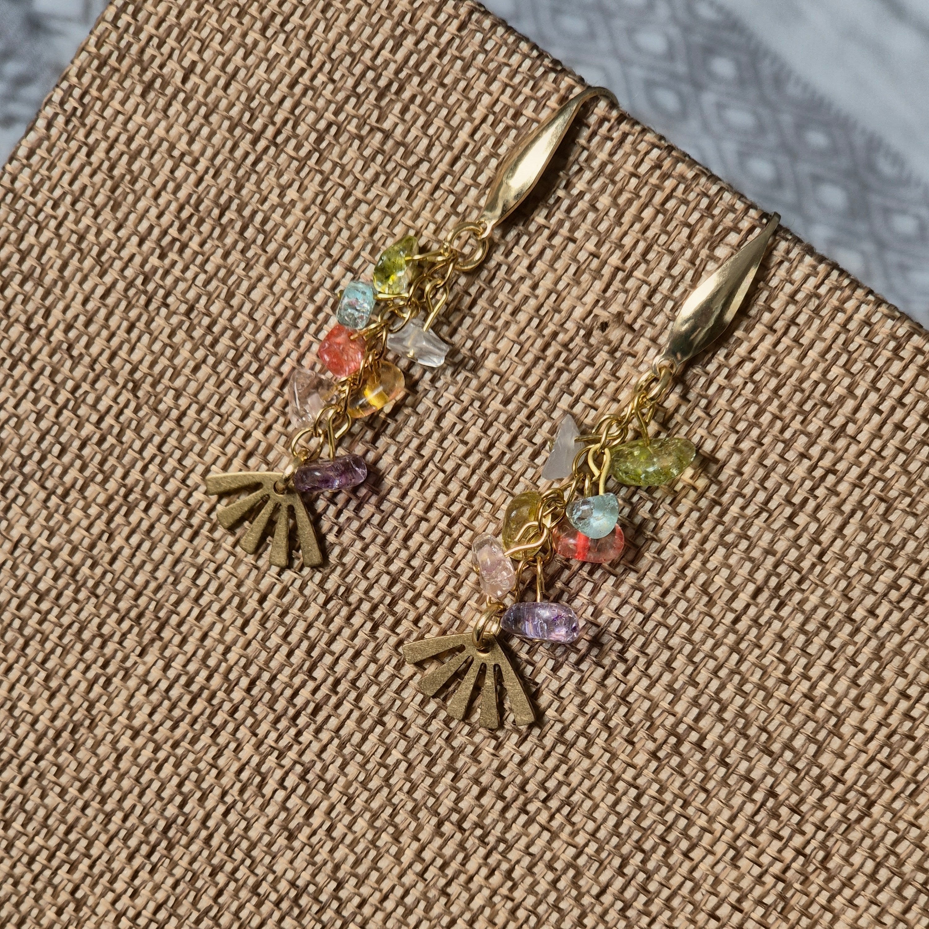 18k Gold Plated Multi-Colour Natural Stone Fan Drop Earrings